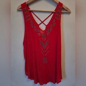 Red Sleeveless V-Neck Tank Top with Decorative Cutouts